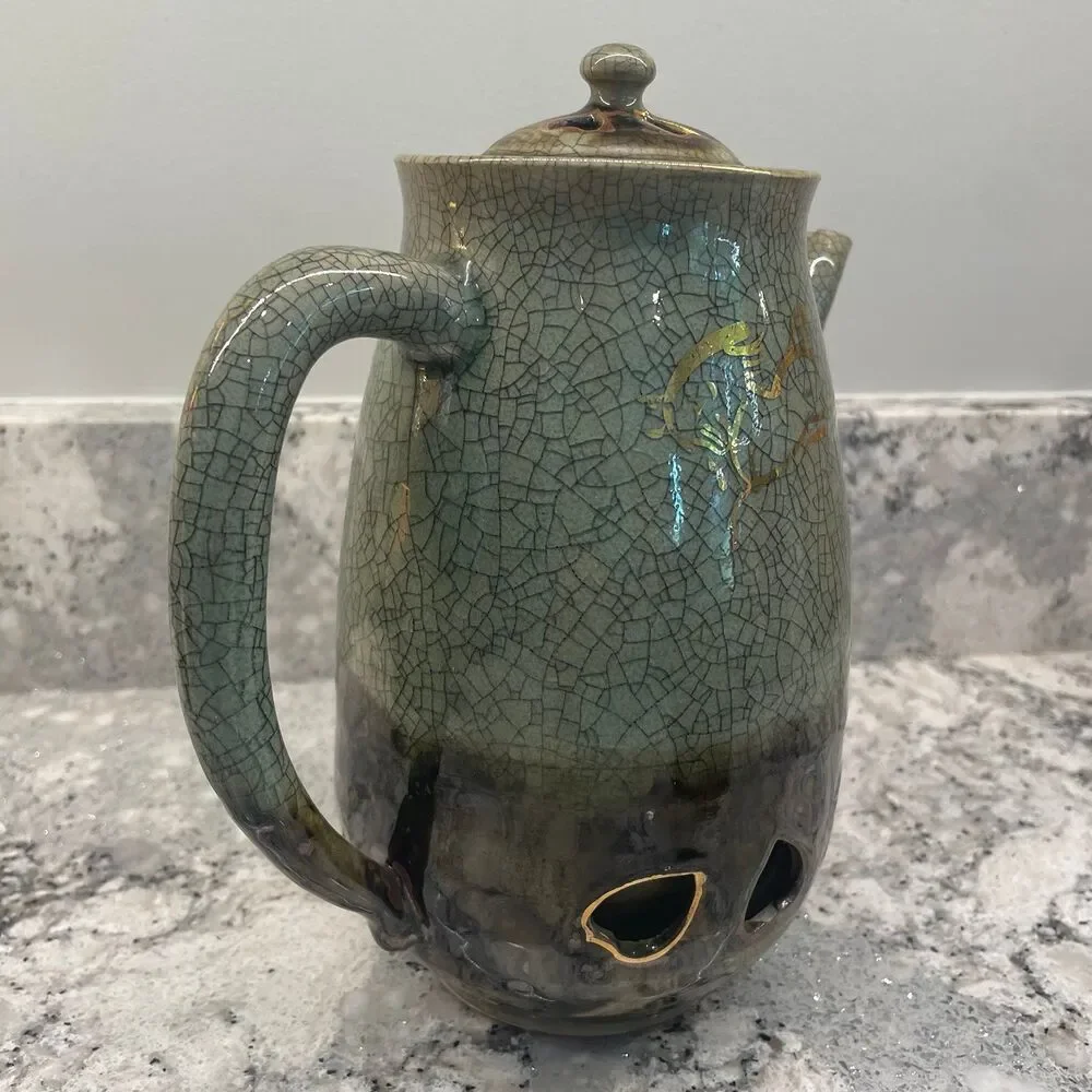 Vintage Japanese Somayaki Soma Ware Crackle Teapot Golden Horse